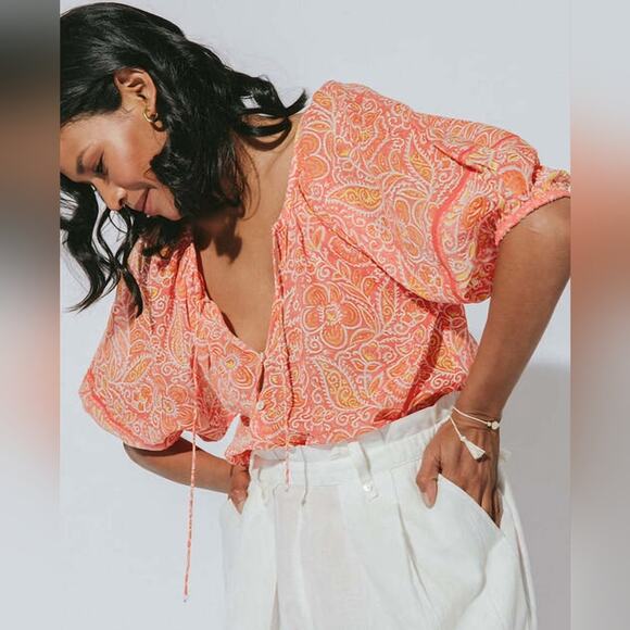 Cleobella Pink Blossom Block Print Layla Cotton Blouse Size Medium - Picture 1 of 12